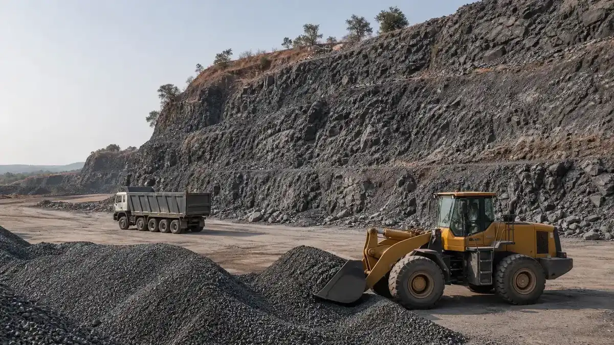 Yellow wheel loader beside crushed aggregate piles in a Karnataka stone quarry