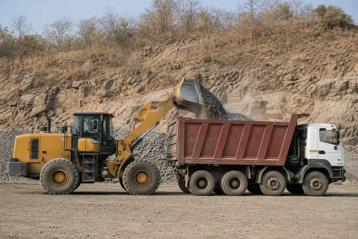 Wheel loader filling an Indian tipper truck with crushed stone
